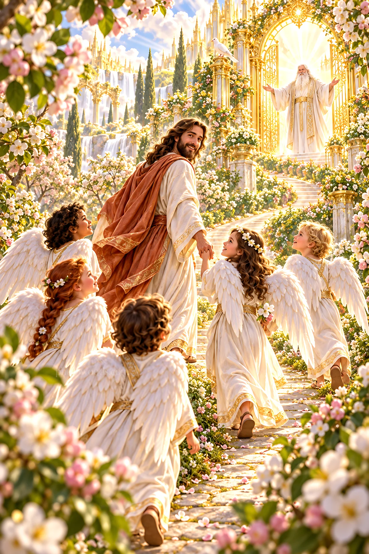 Jesus Christ guiding children in a heavenly garden - AI-generated stock image