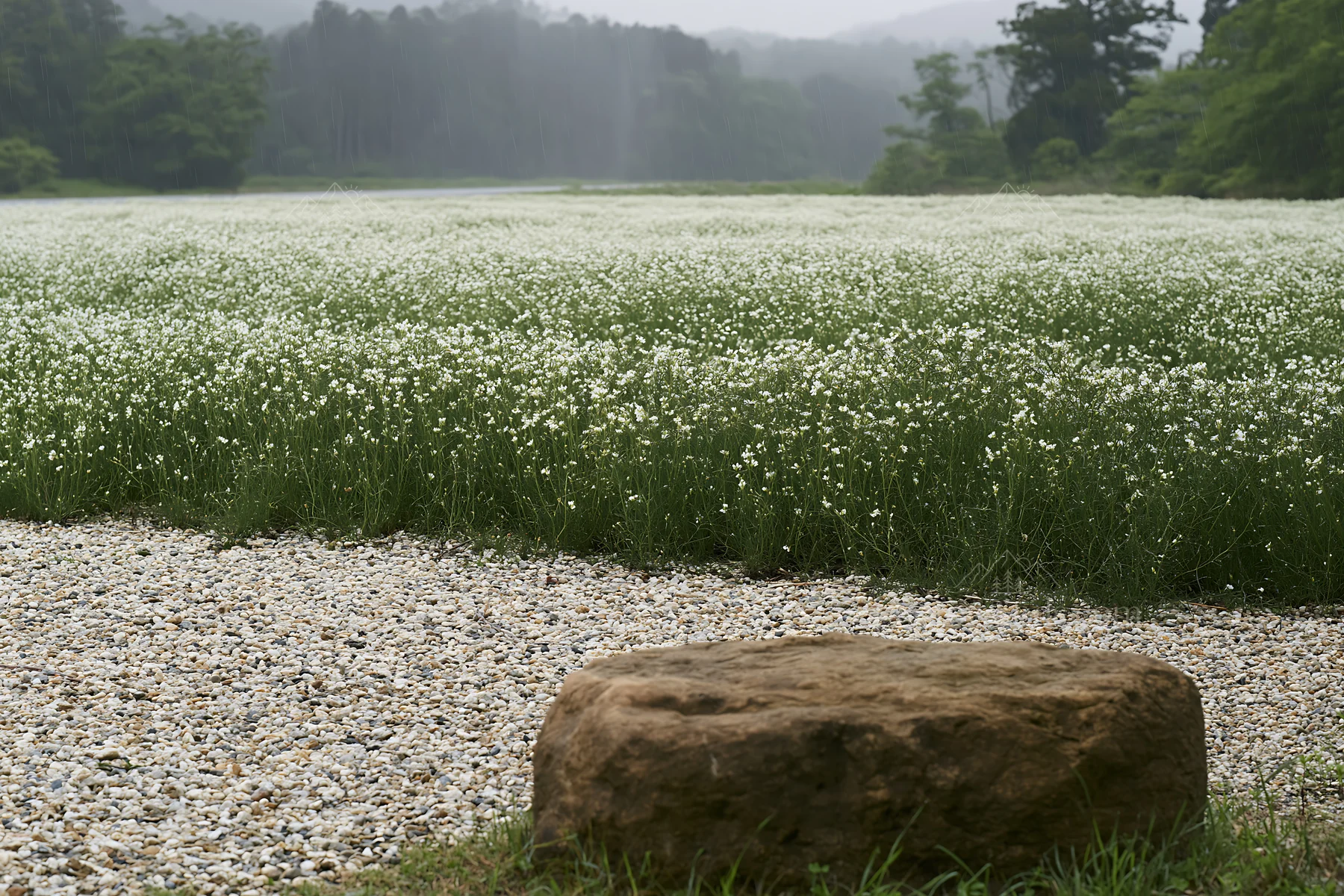 Kyoto spring wildflower meadow stone foreground - AI-generated stock image