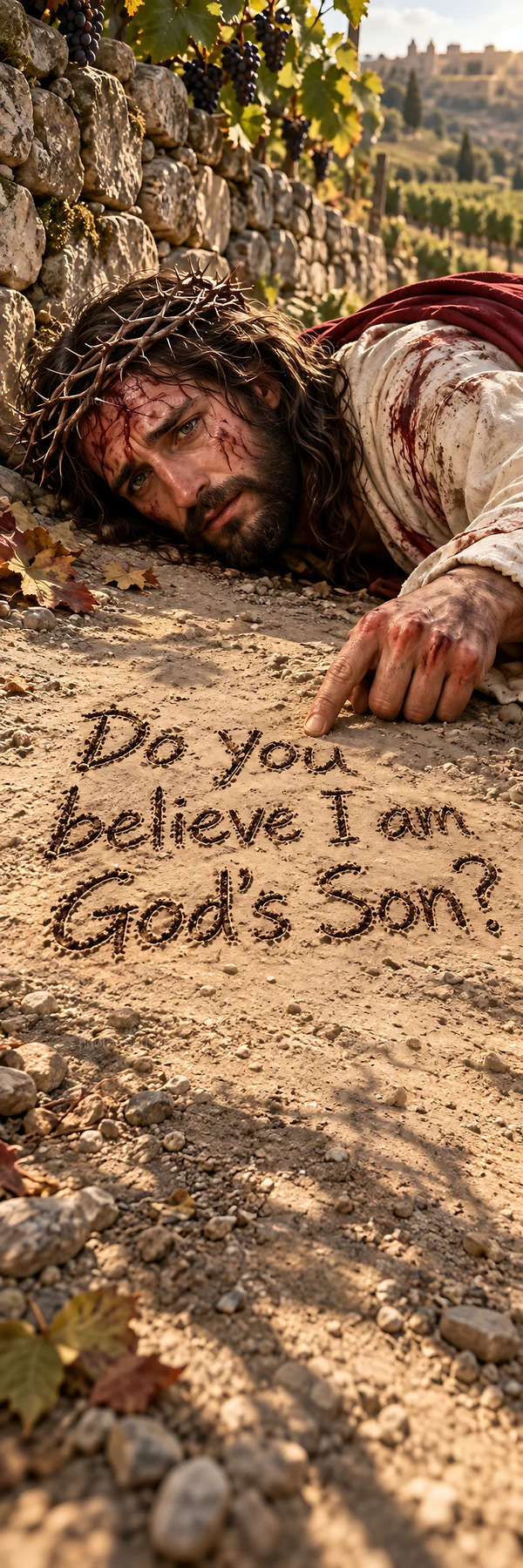 Jesus Christ writing in the sand during a moment of suffering - AI-generated stock image
