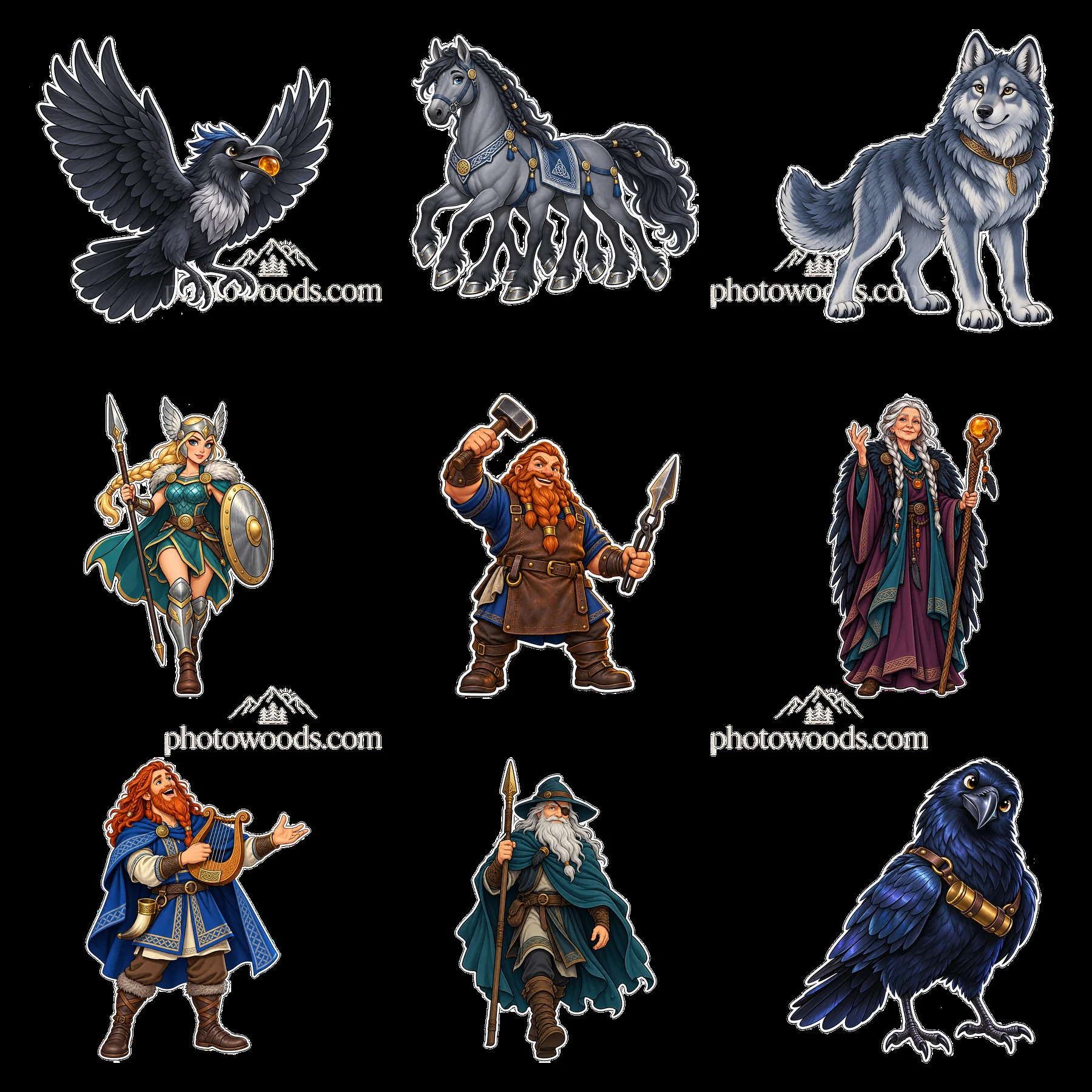 Odin's companions in a Norse myth themed cartoon sticker set - AI-generated stock image