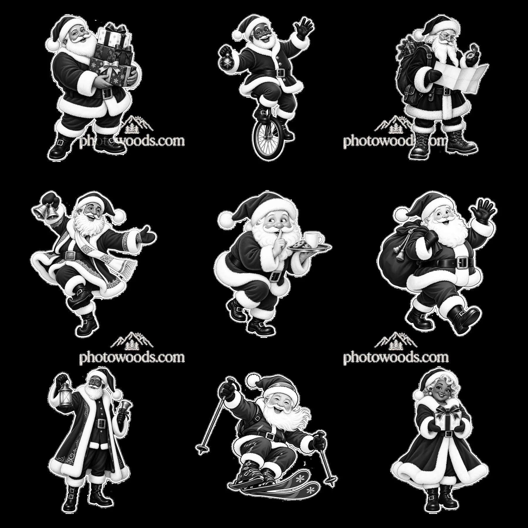Santa Claus performing various festive activities in black-and-white - AI-generated stock image