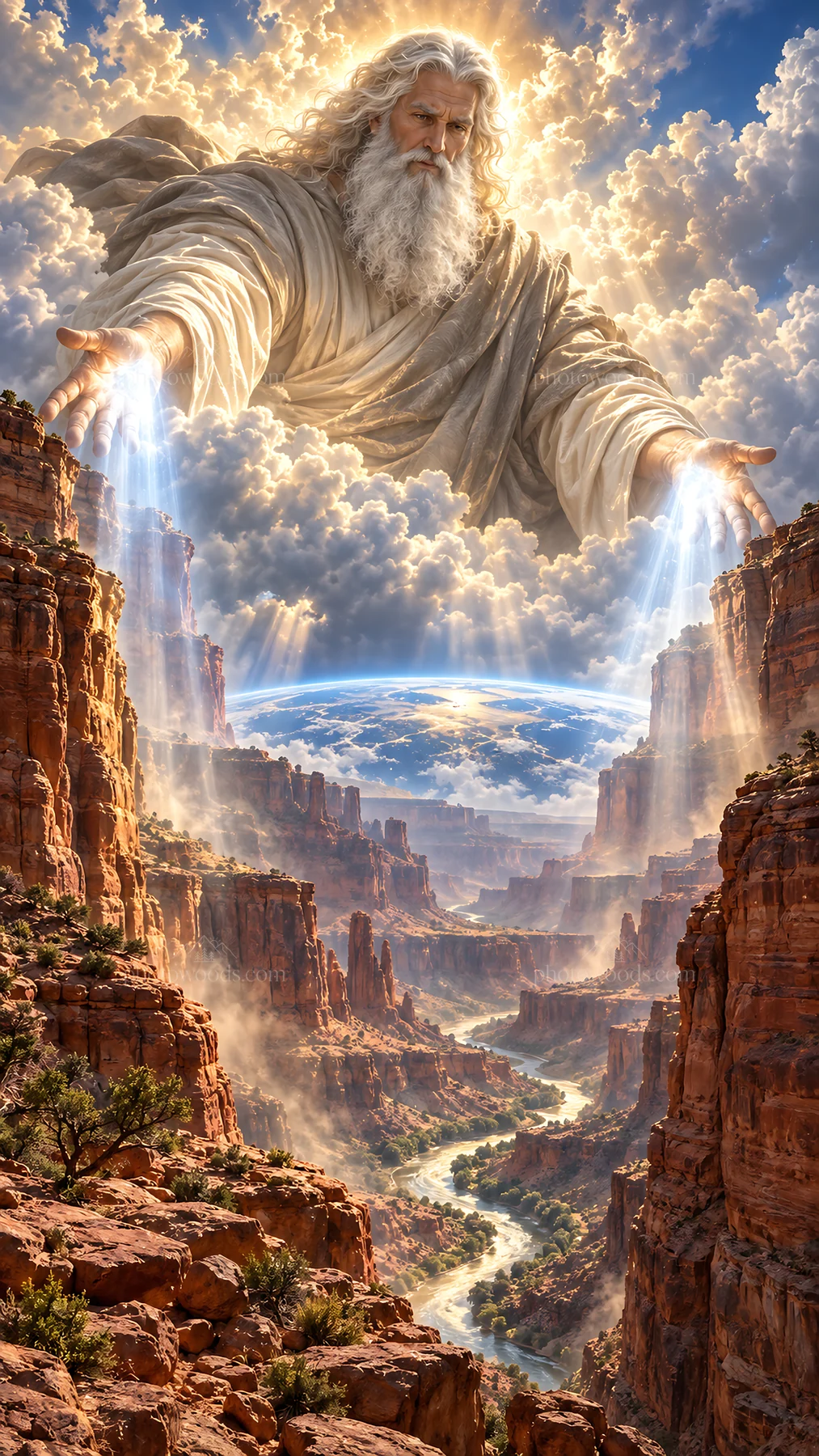 Jesus Christ sharing comfort in a beautiful canyon scene - AI-generated stock image