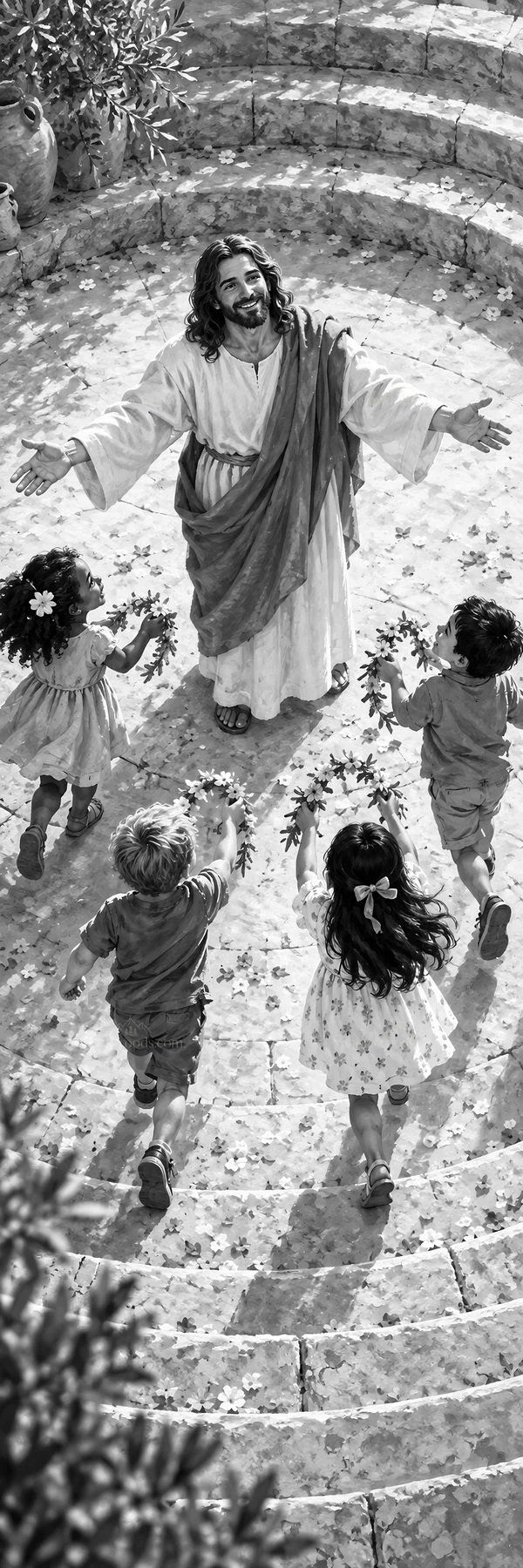 Jesus Christ welcomes children with open arms - AI-generated stock image