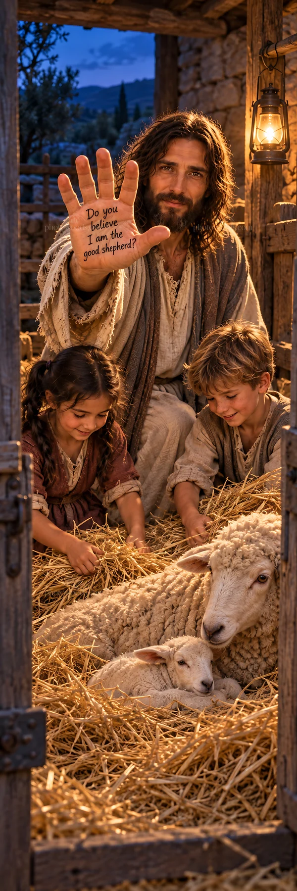 Jesus Christ teaching the children in a stable setting - AI-generated stock image