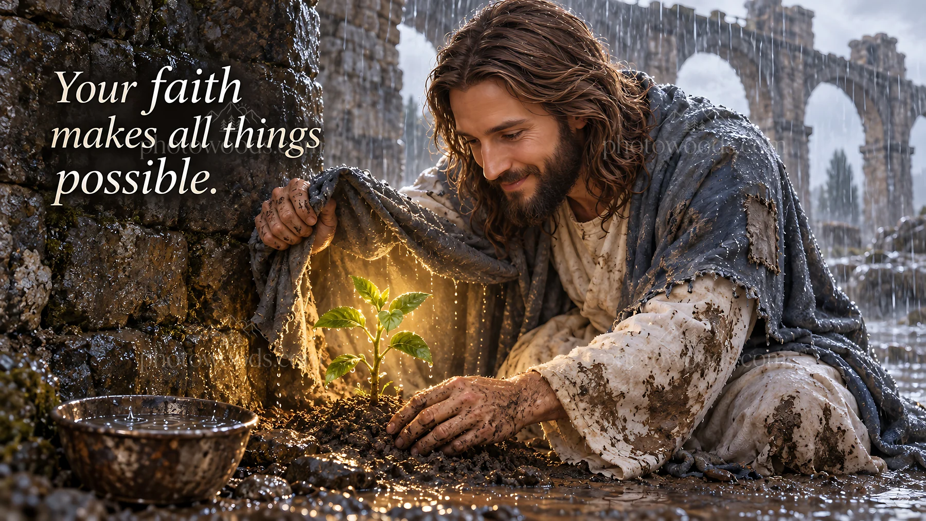 Jesus Christ nurturing a plant in a rain-soaked environment - AI-generated stock image