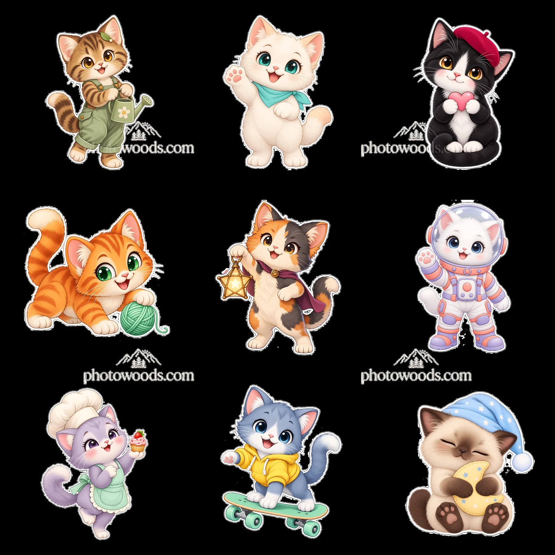 Kawaii cat sticker set with playful and adorable feline characters - AI-generated stock image