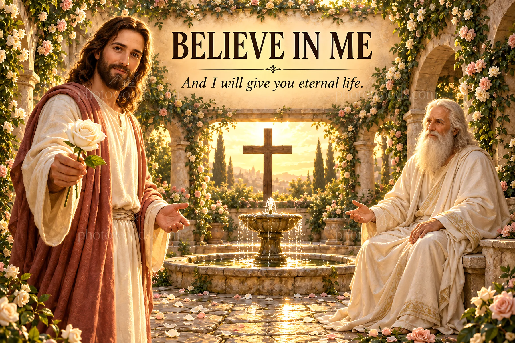 Jesus Christ invites to believe in Him for eternal life - AI-generated stock image