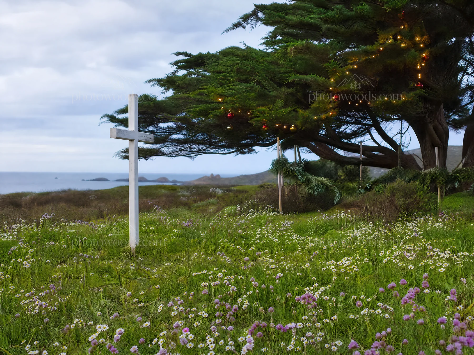 White Christian cross in wildflower meadow by the sea