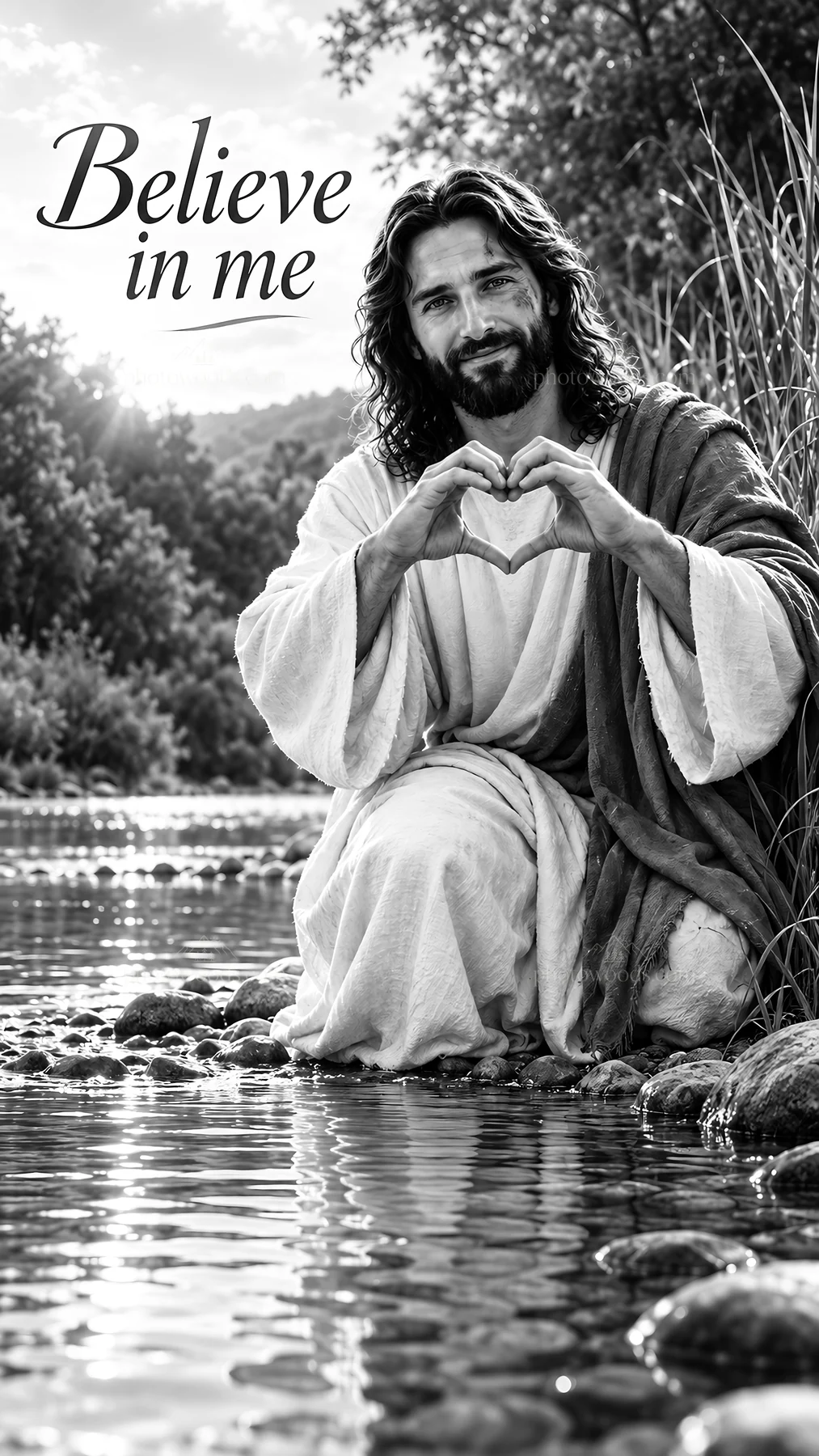 Jesus Christ making a heart symbol by the water - AI-generated stock image