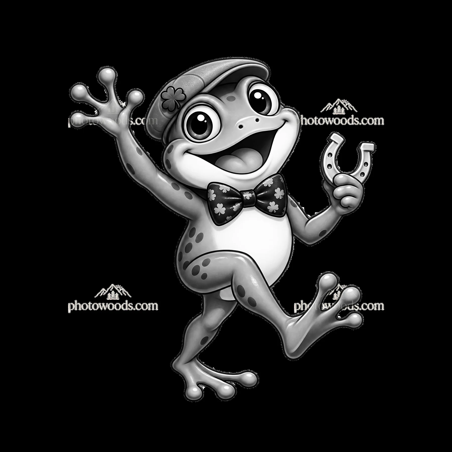 Frog in a bow tie and hat holding a horseshoe for St. Patrick's Day - AI-generated stock image