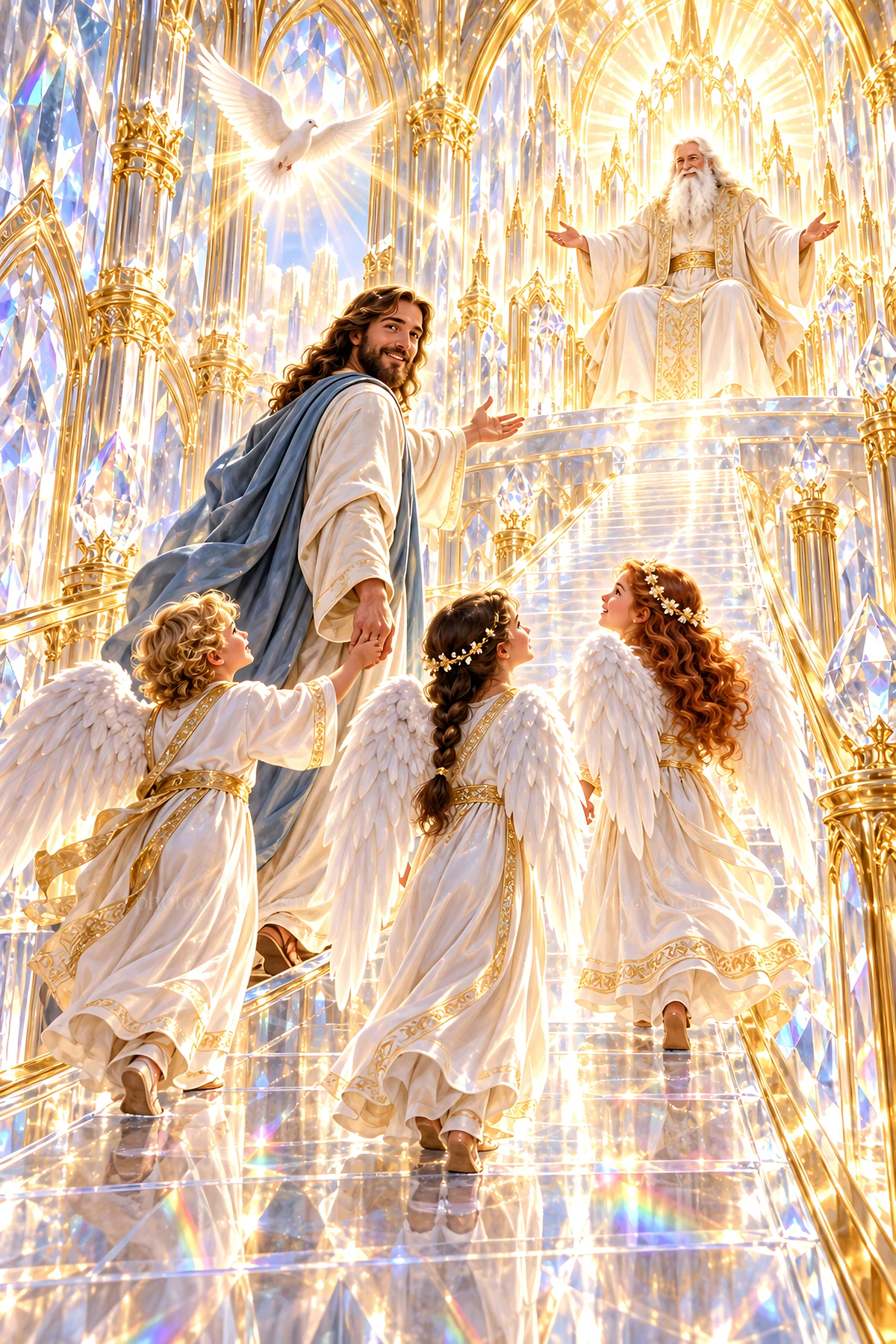 Jesus Christ welcomes children to the heavenly kingdom - AI-generated stock image