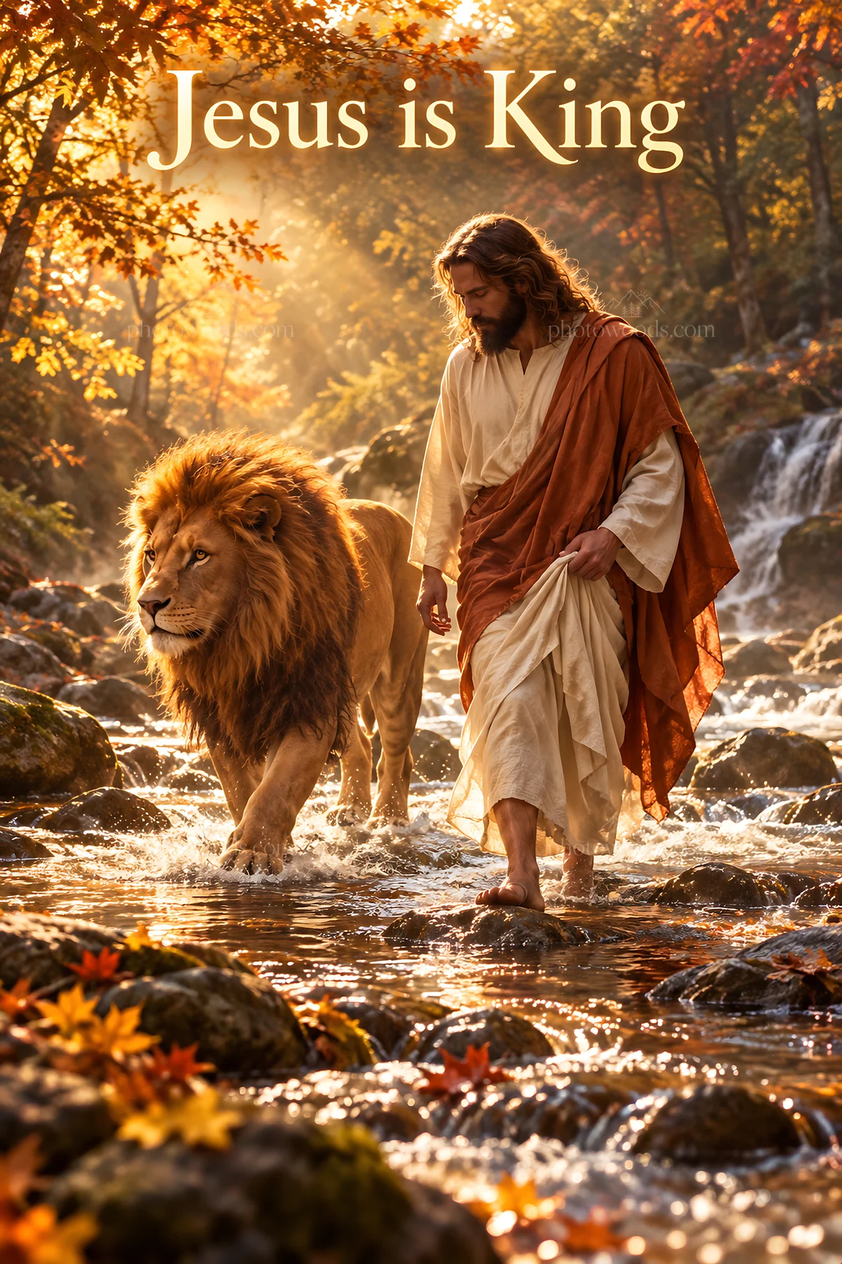 Jesus Christ walking with a lion in a forest stream - AI-generated stock image