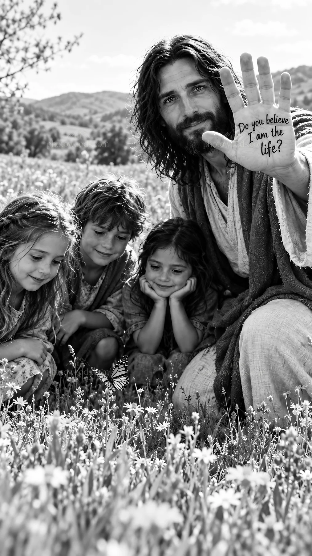 Jesus Christ speaking with children in a field - AI-generated stock image