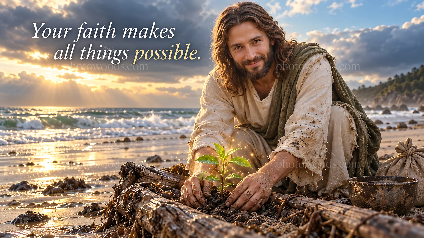 Jesus Christ planting a seed by the sea - AI-generated stock image