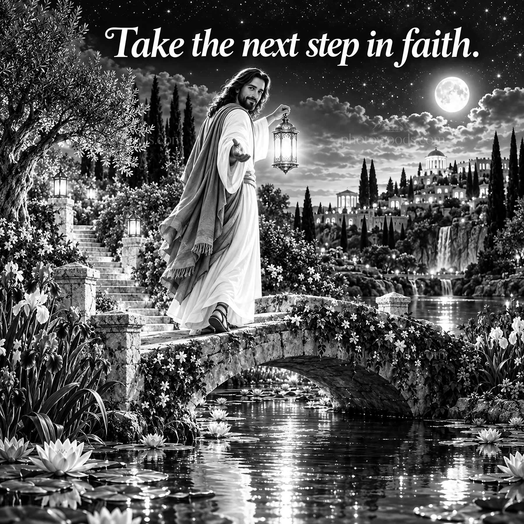Jesus Christ walking on a bridge with a lantern in the night - AI-generated stock image