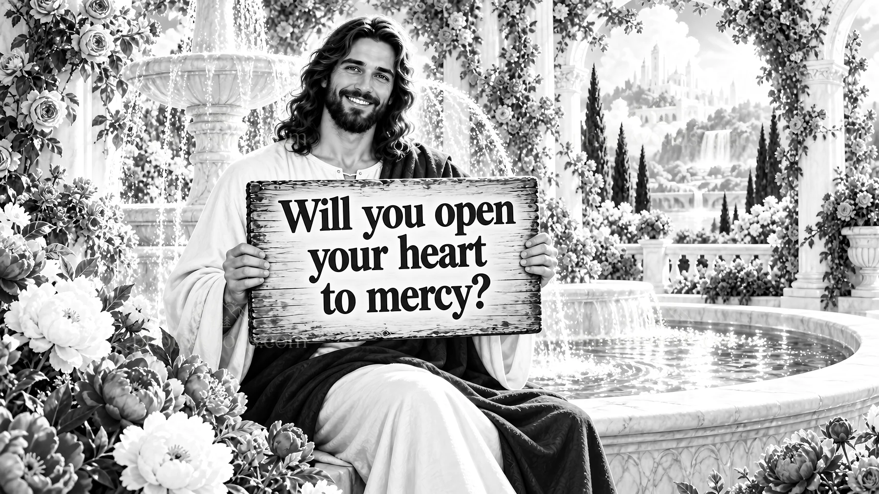 Jesus Christ invites viewers to open their hearts to mercy - AI-generated stock image