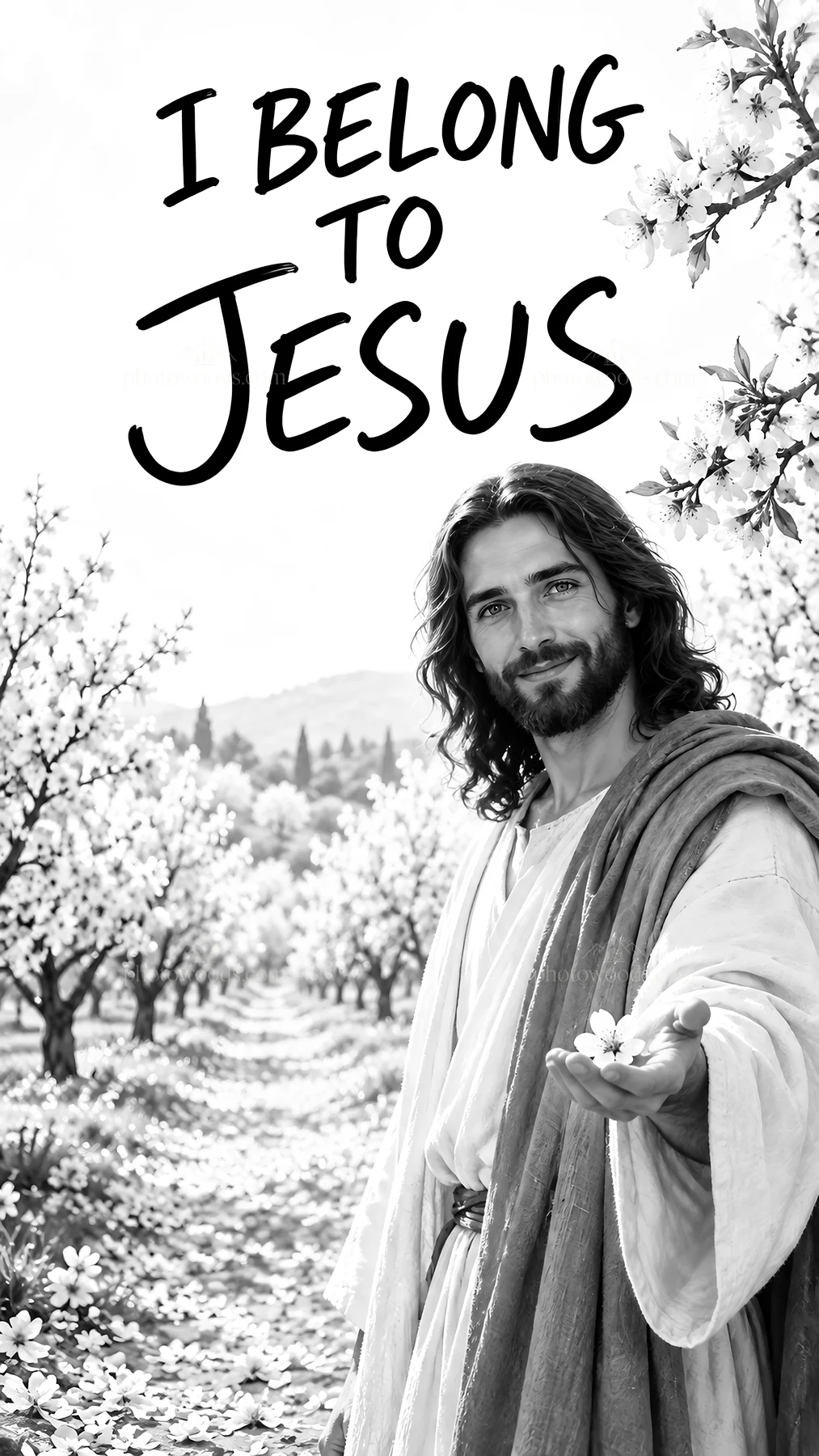 Jesus Christ stands among flowering trees offering hope - AI-generated stock image