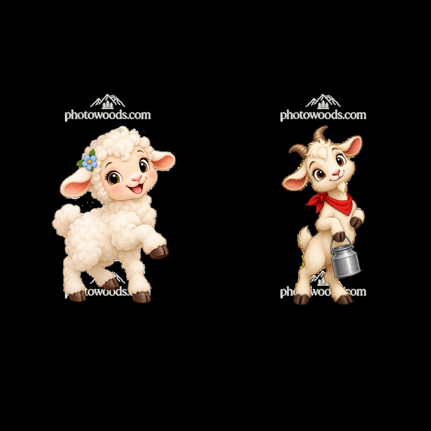 Cute cartoon sheep and goat farm animal stickers - AI-generated stock image