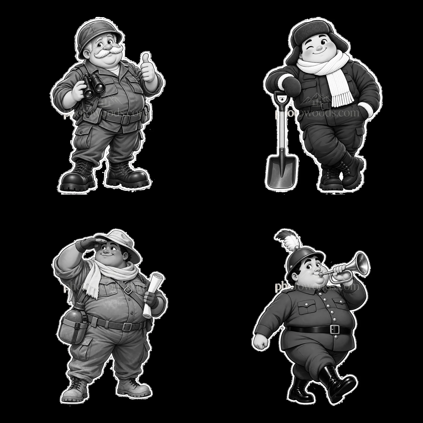 Chubby cartoon soldiers in various poses with accessories - AI-generated stock image