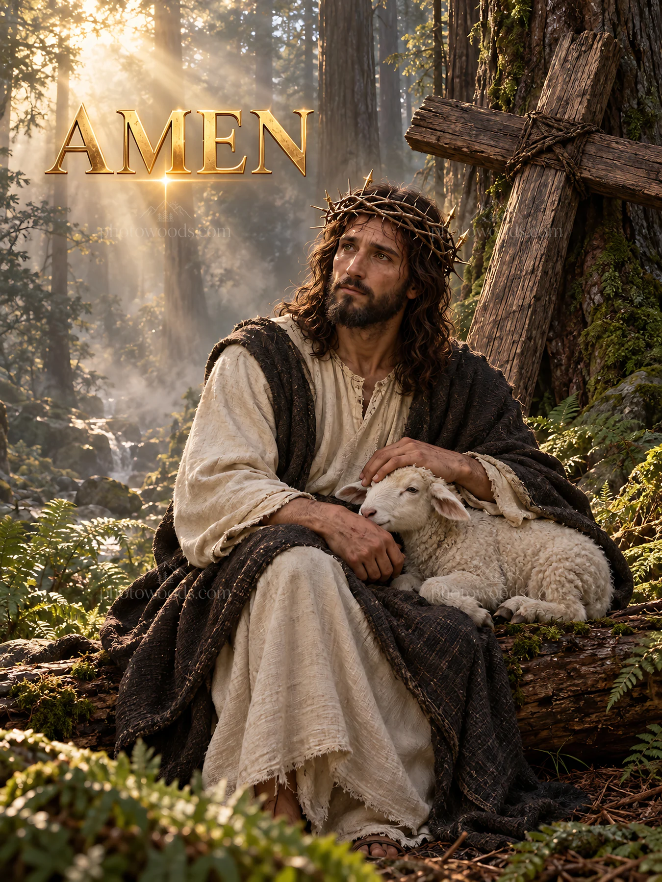 Jesus Christ comforting a sheep in a forest setting - AI-generated stock image