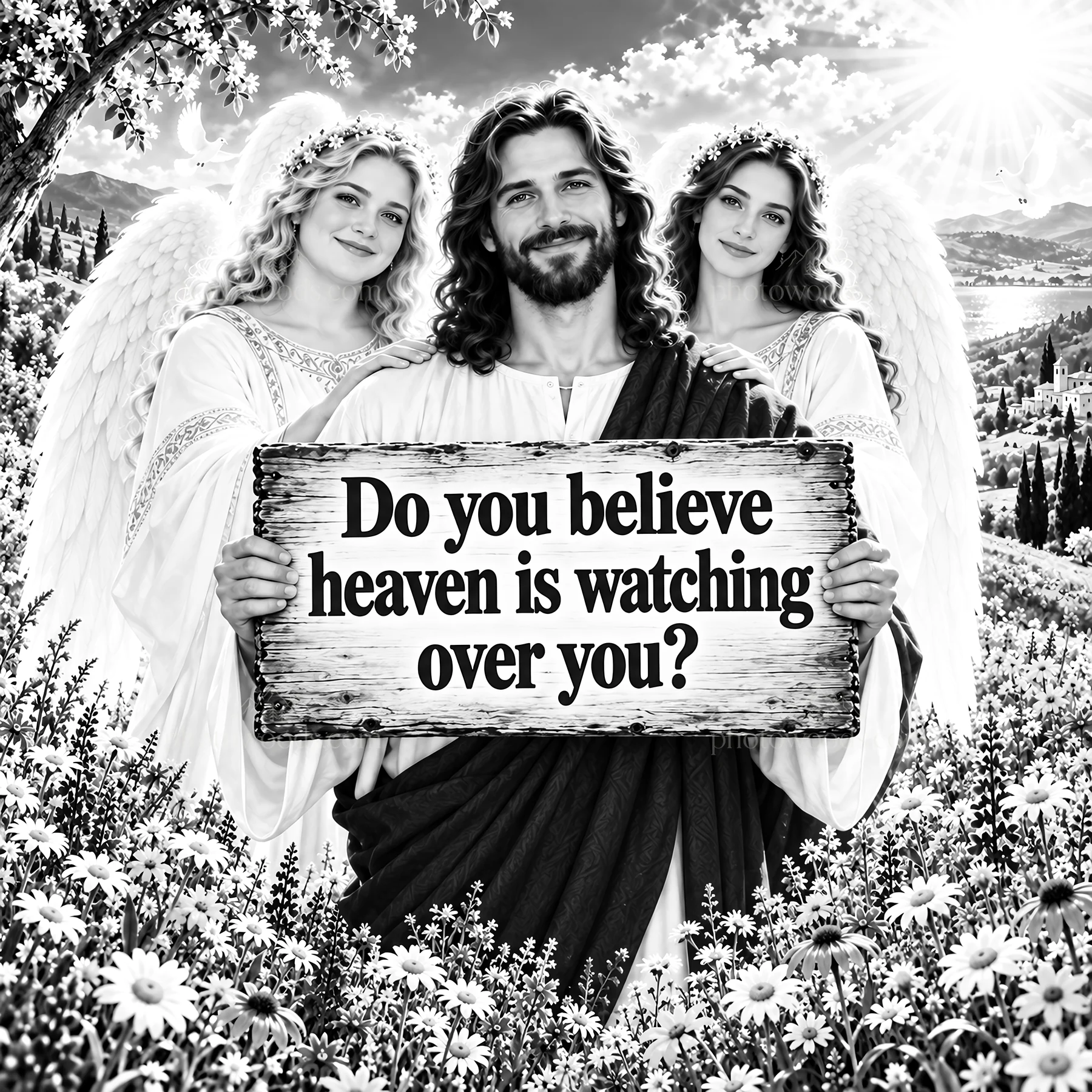 Jesus Christ holding a sign with a question about heaven - AI-generated stock image