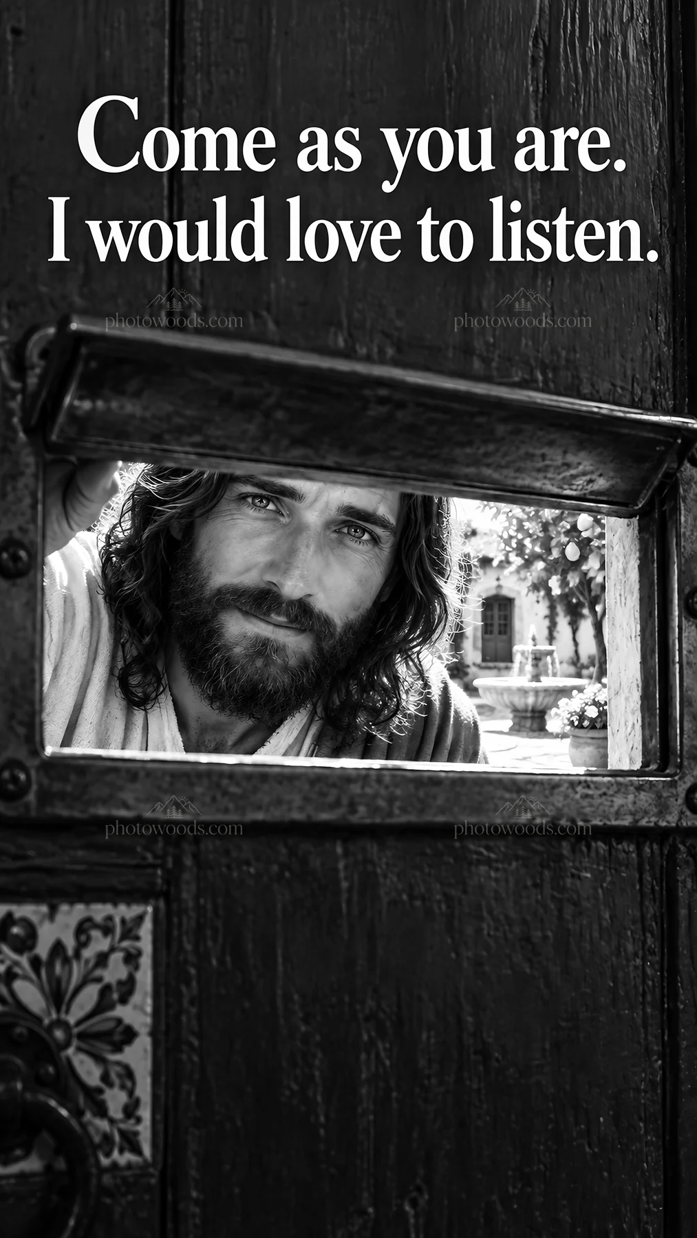 Jesus Christ welcoming with an invitation to listen - AI-generated stock image