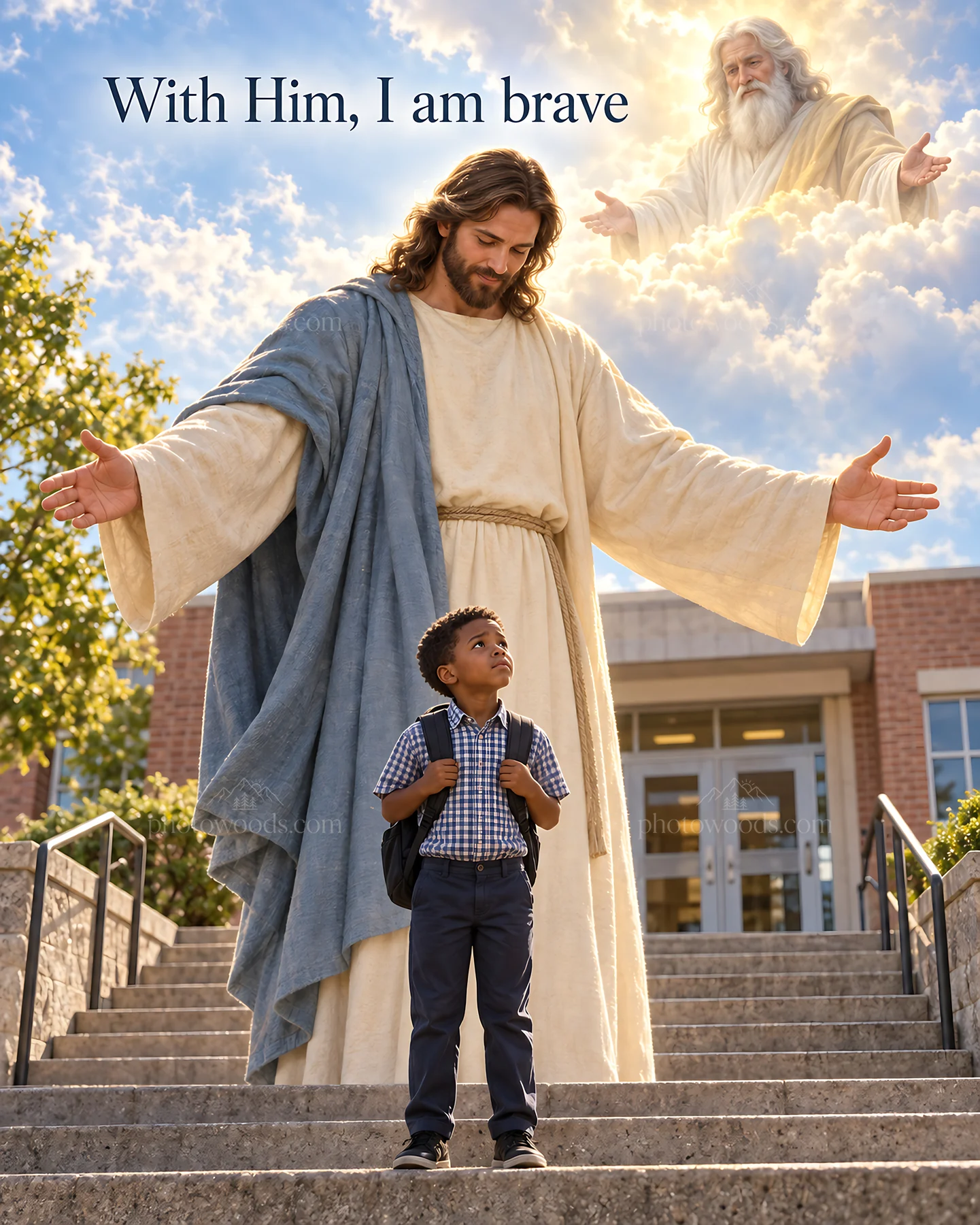 Jesus Christ welcomes a child with open arms - AI-generated stock image