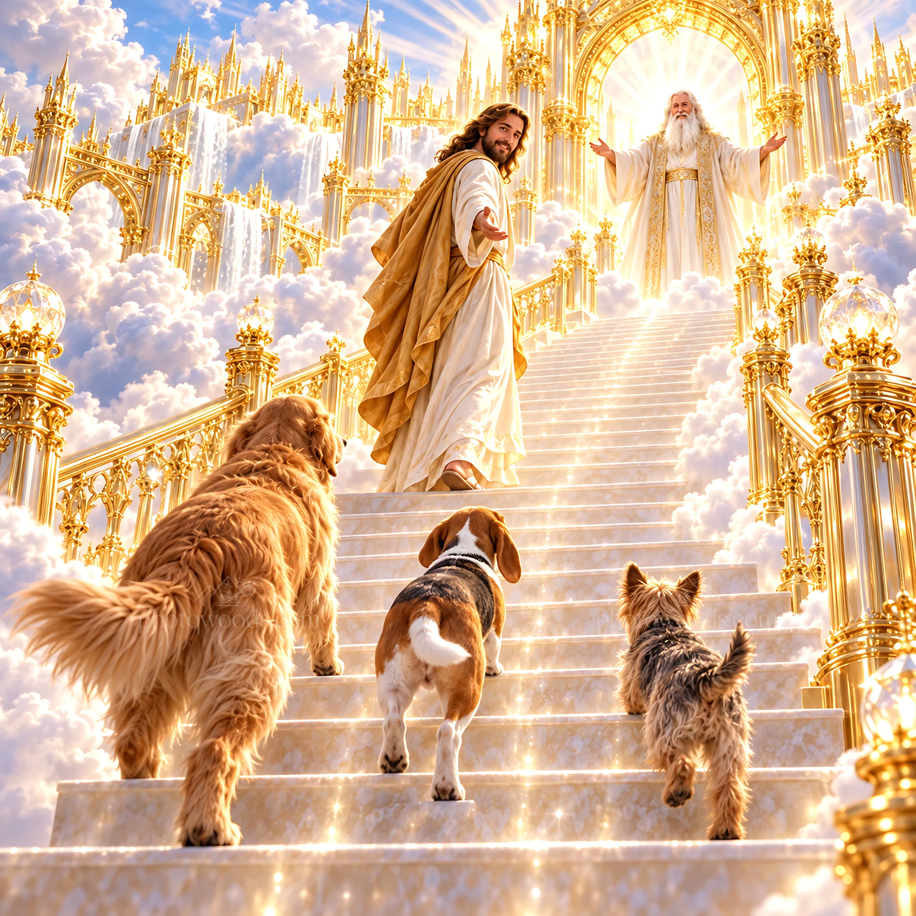 Jesus Christ welcoming animals to heaven - AI-generated stock image