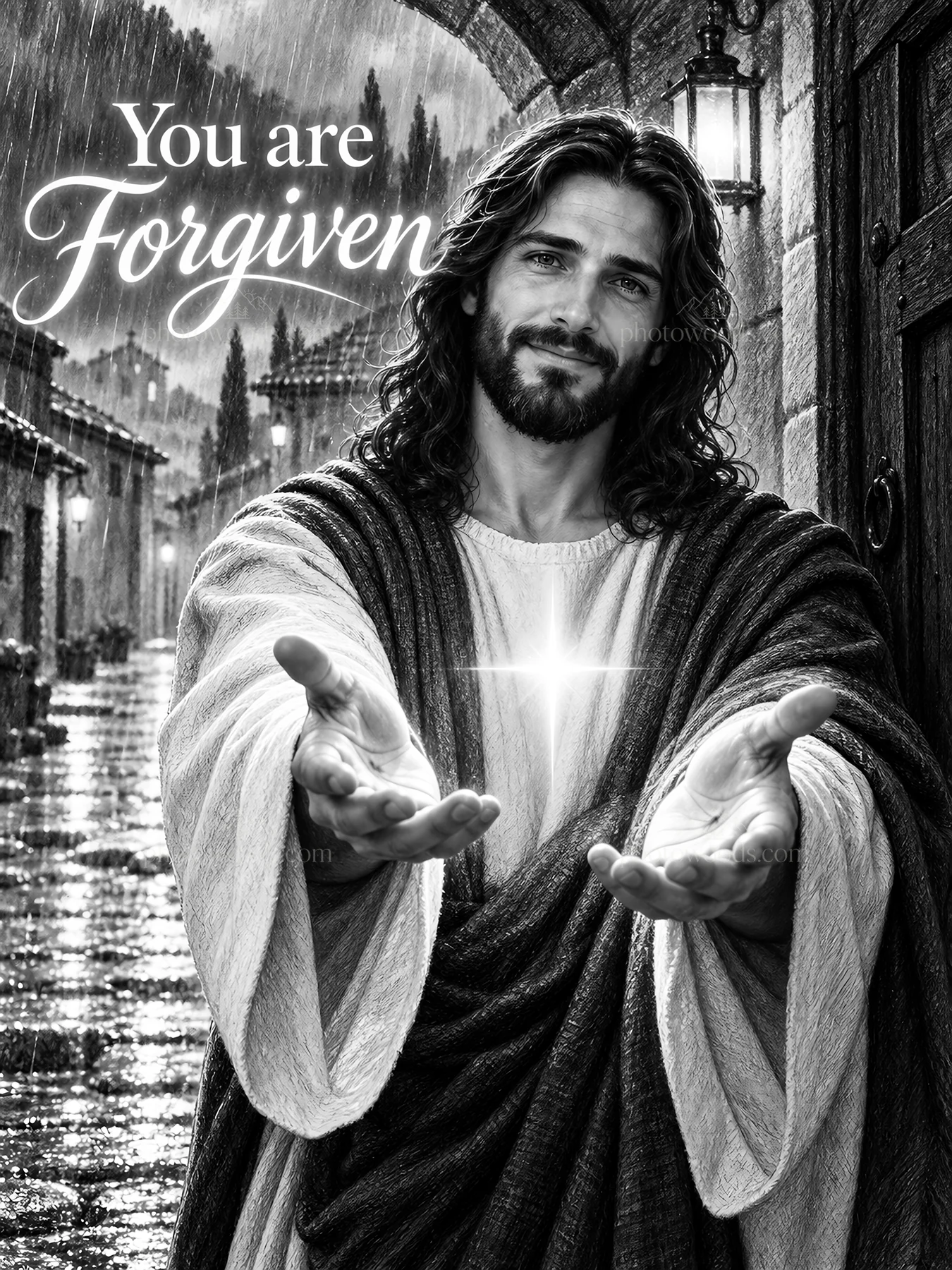 Jesus Christ offers forgiveness with open hands in rain - AI-generated stock image