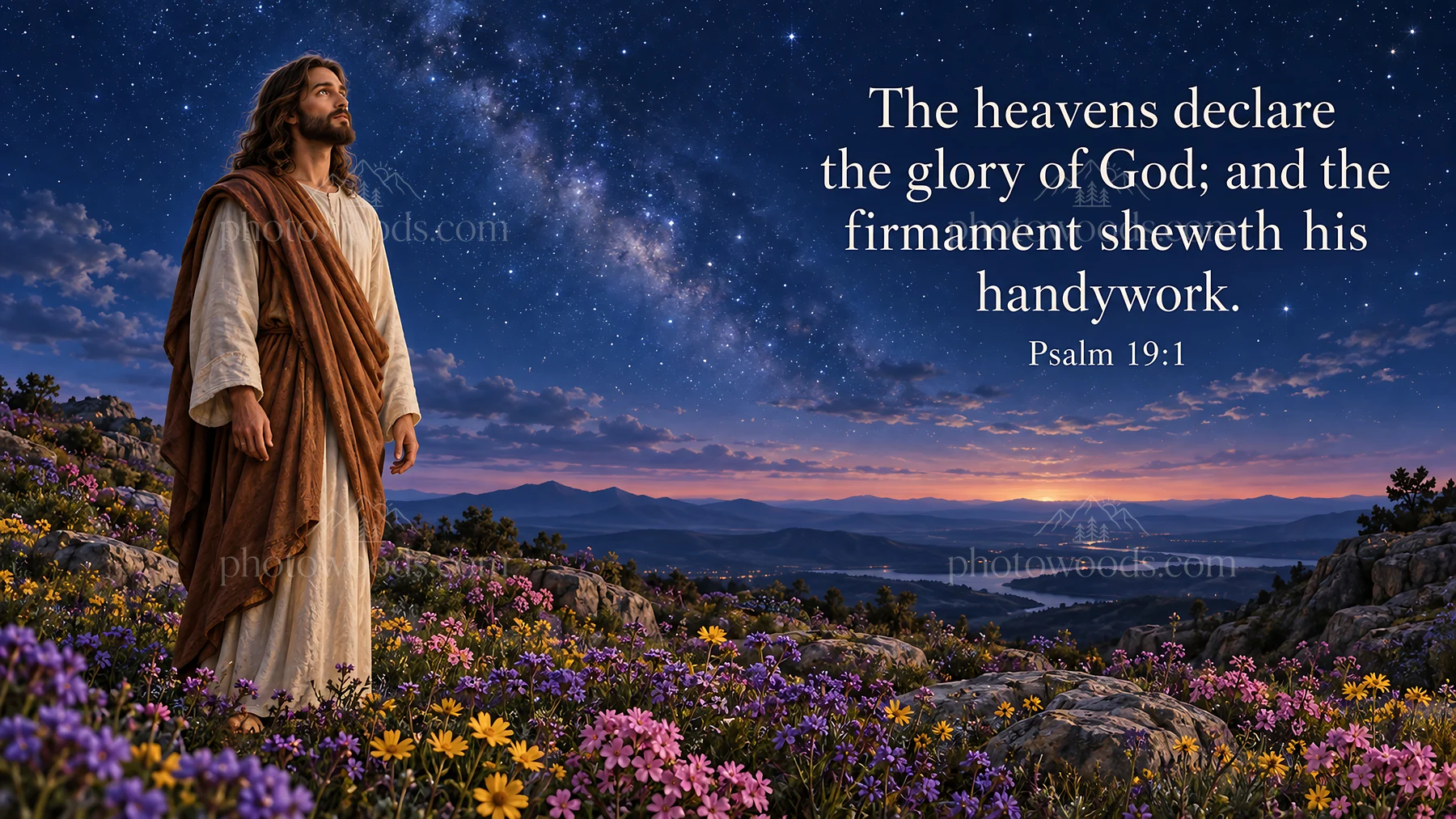Jesus Christ stands in nature expressing divine glory - AI-generated stock image