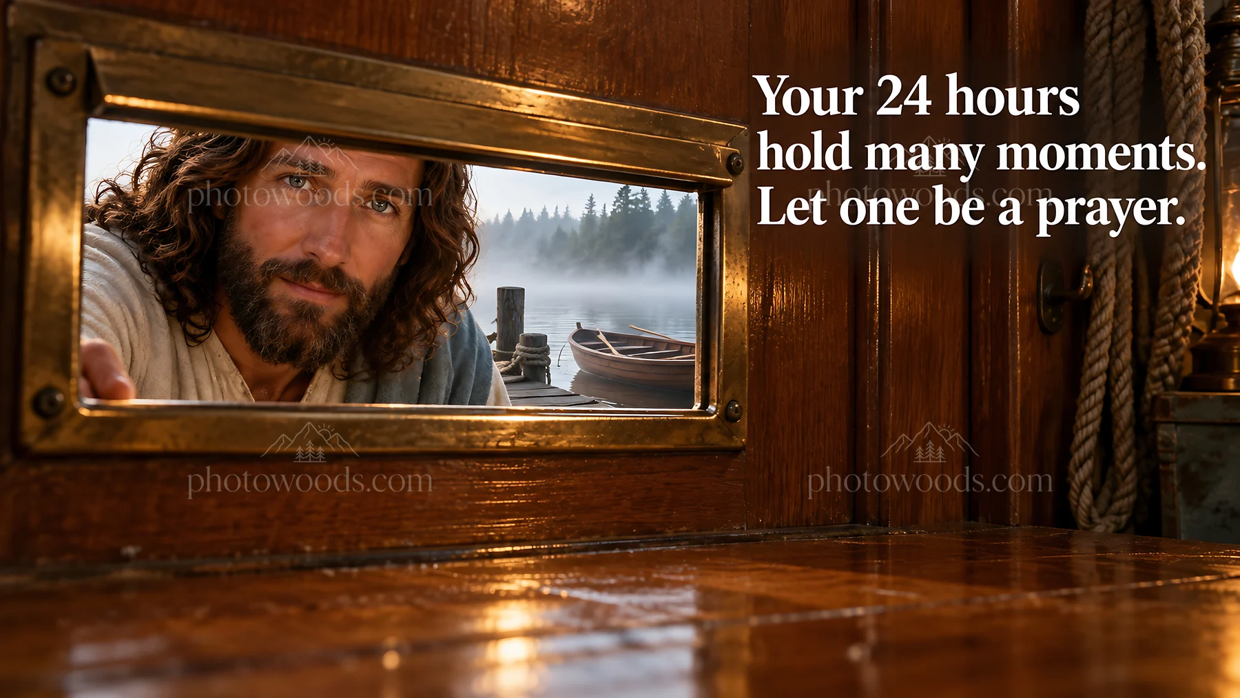 Jesus Christ invites reflection and prayer through a window - AI-generated stock image