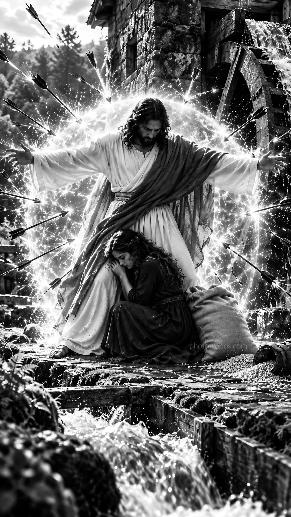 Jesus Christ comforting a woman amidst a scene of distress - AI-generated stock image