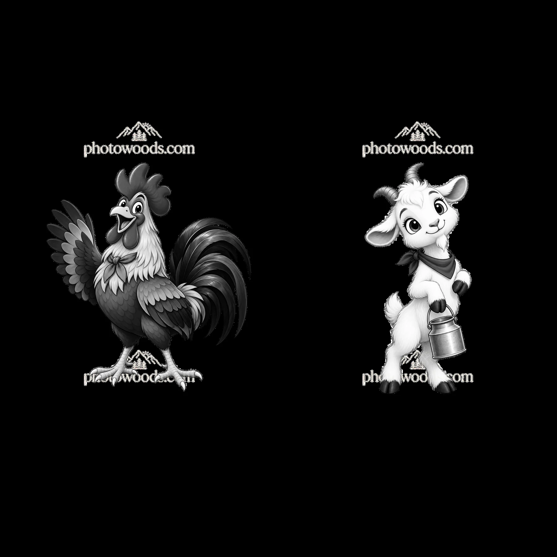 Rooster and goat cartoon stickers in farm setting - AI-generated stock image