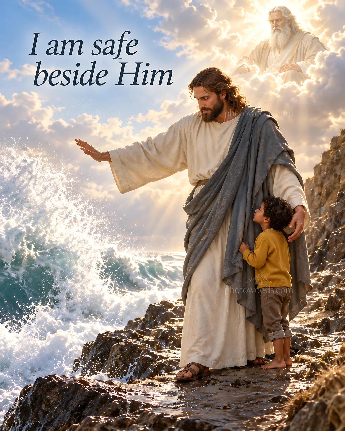 Jesus Christ comforting a child by the sea - AI-generated stock image