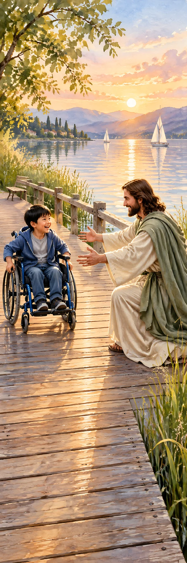 Jesus Christ comforting a child in a wheelchair by the shore - AI-generated stock image