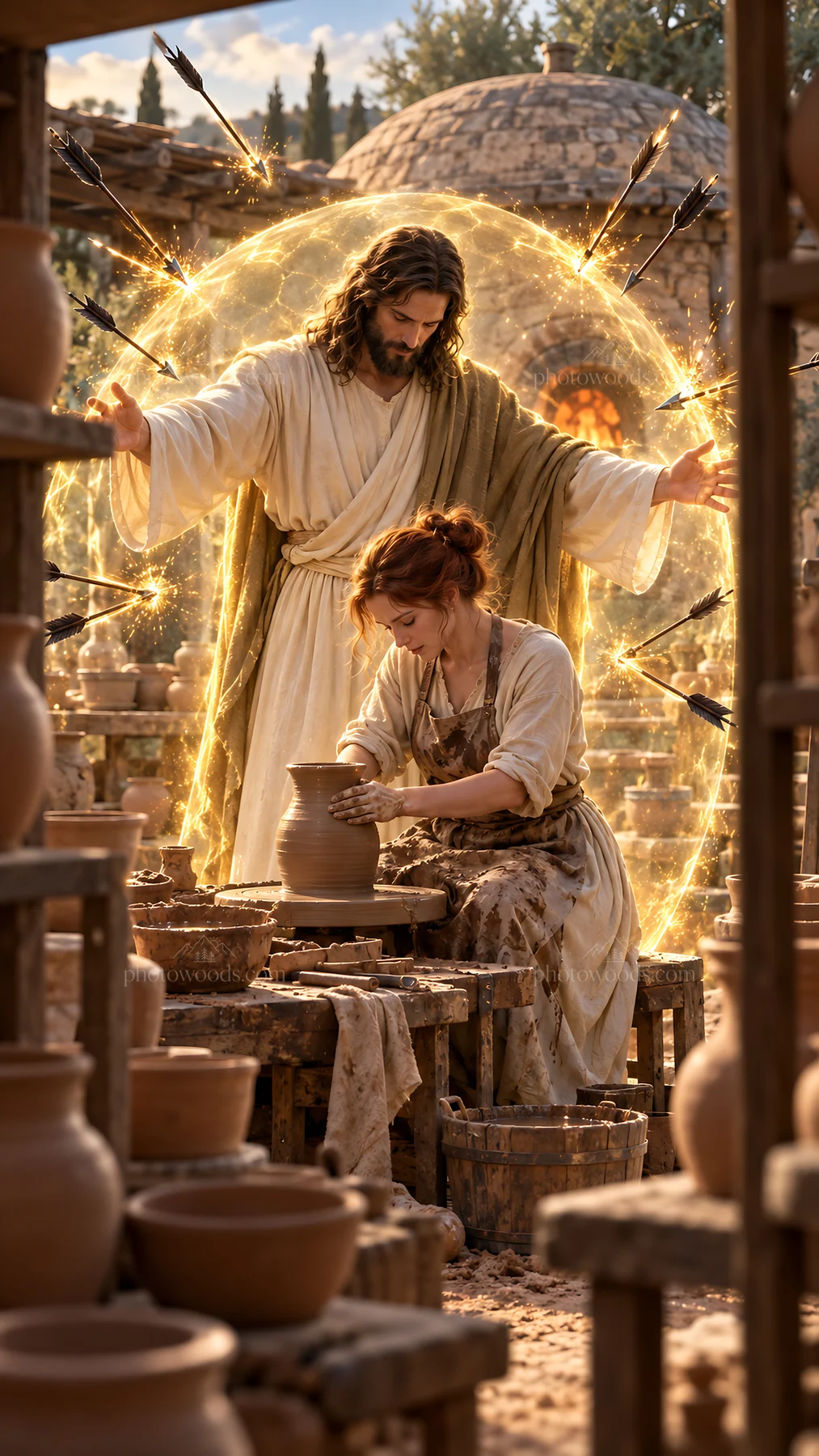 Jesus Christ guiding a potter in a workshop - AI-generated stock image