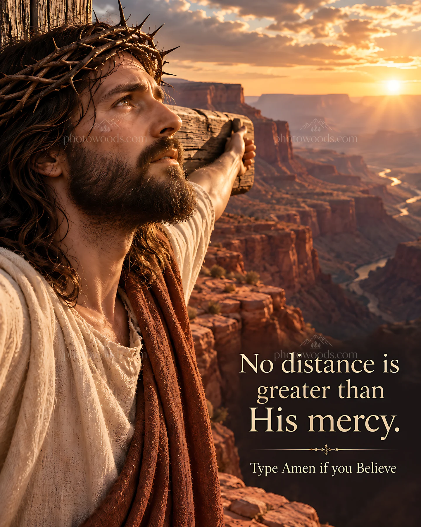 Mercy beyond the canyon at sunset - AI-generated stock image