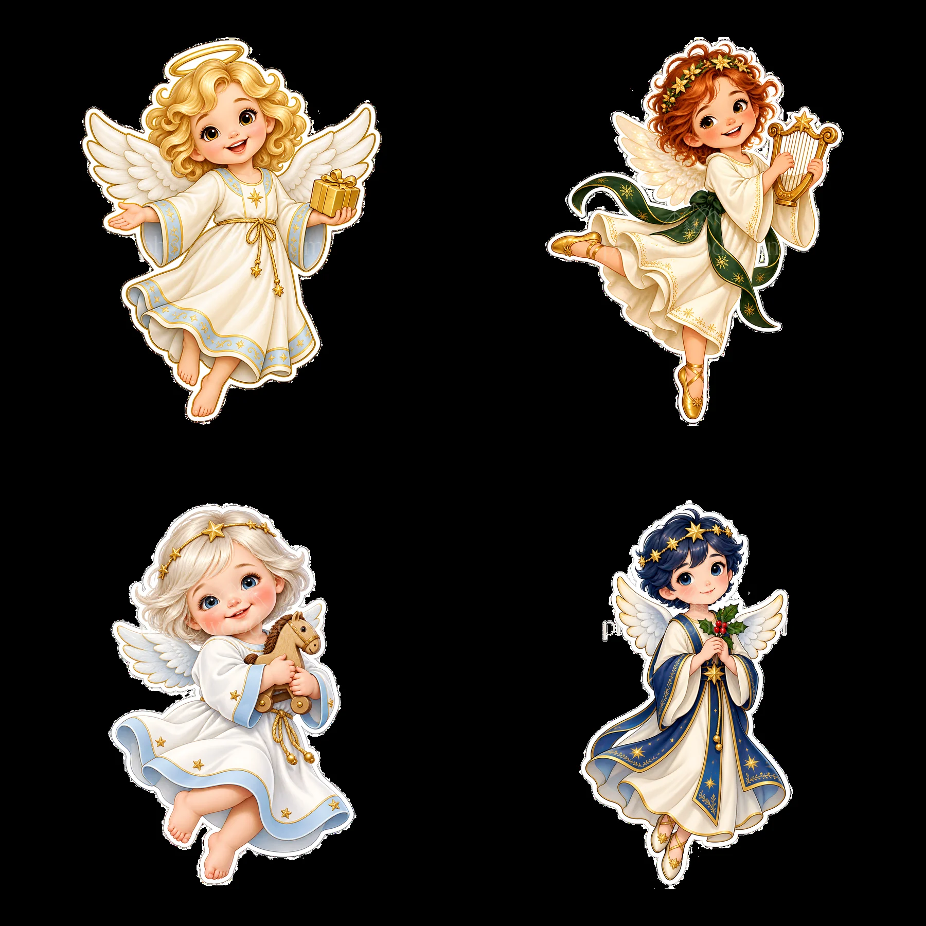 Four cute angelic children dressed for Christmas celebrations - AI-generated stock image