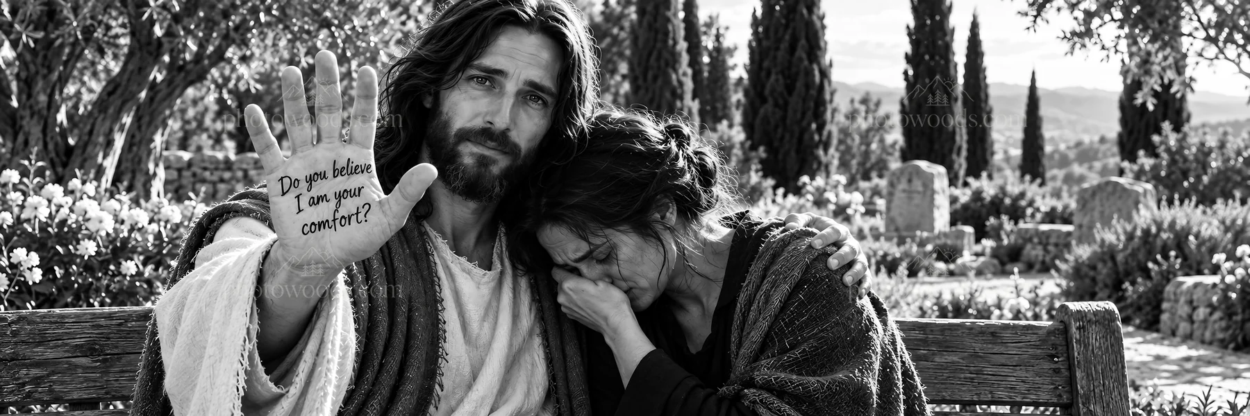 Jesus Christ comforts a woman in a garden - AI-generated stock image
