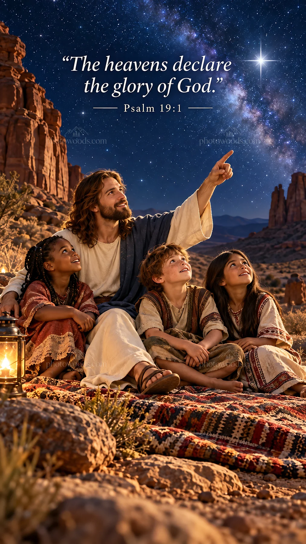 Jesus Christ teaching children about creation under the stars - AI-generated stock image