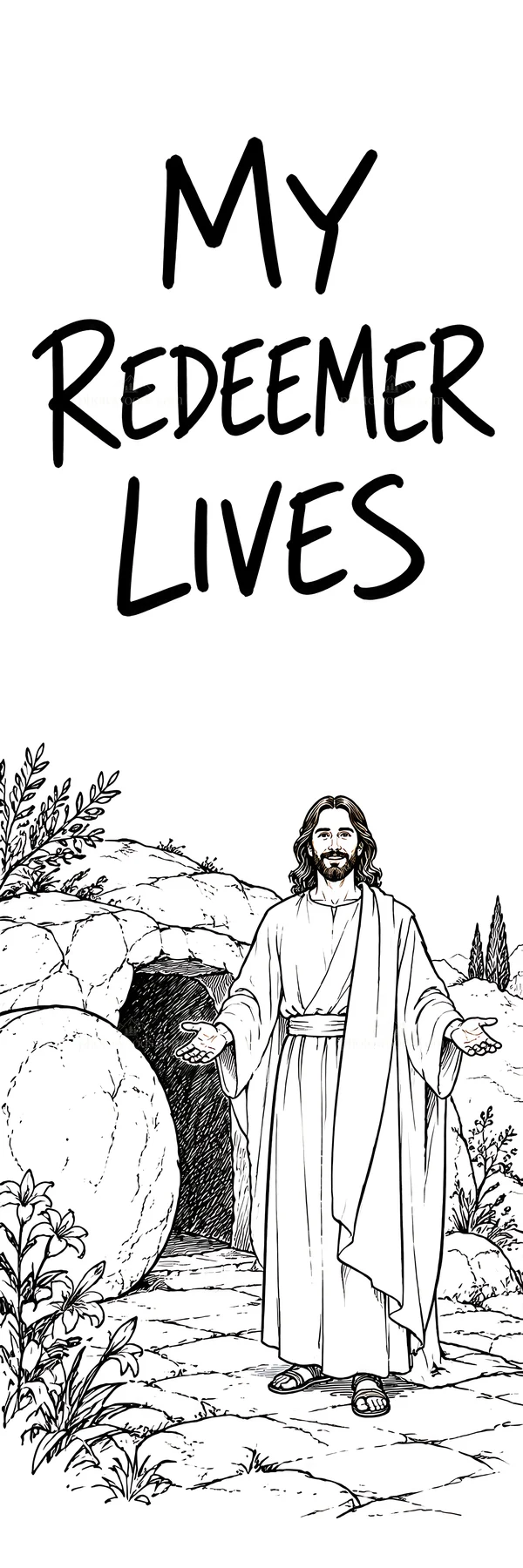 Jesus Christ standing in front of the empty tomb - AI-generated stock image