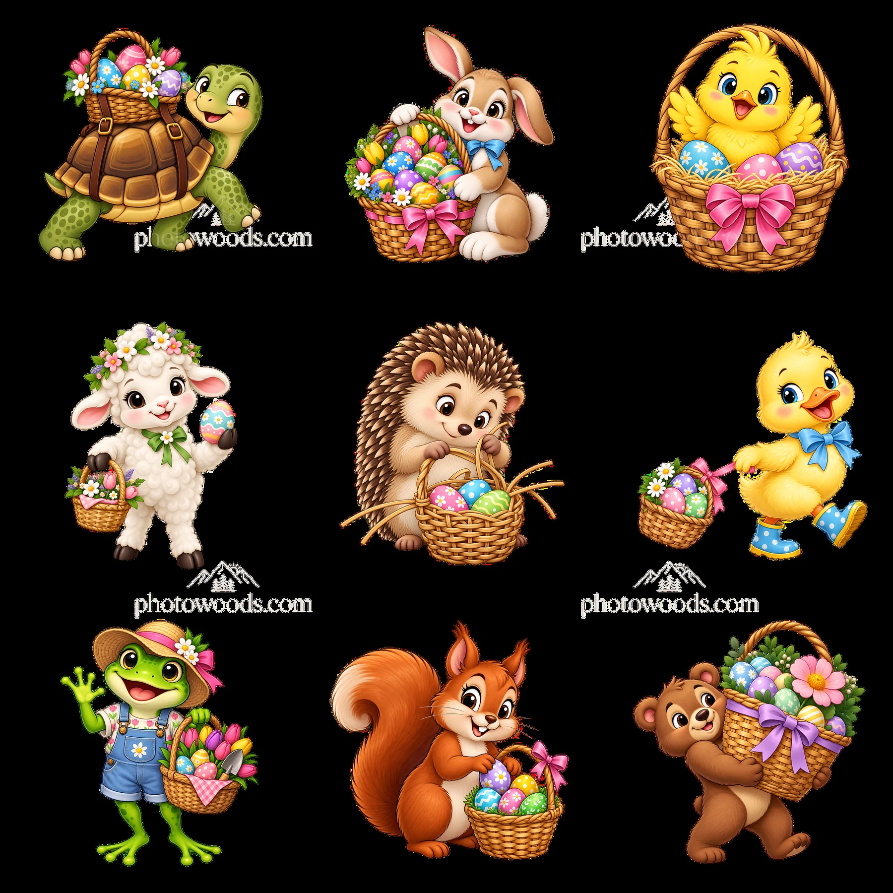 Cartoon characters celebrating Easter with colorful baskets - AI-generated stock image
