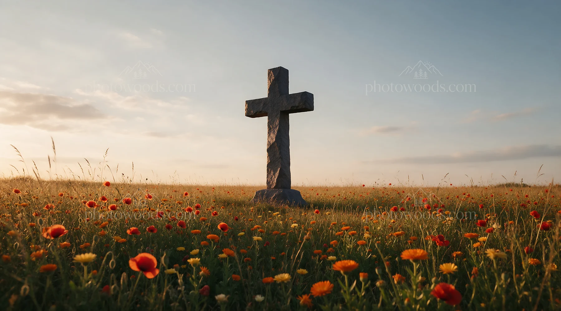 Christian cross in autumn meadow with copper light - AI-generated stock image