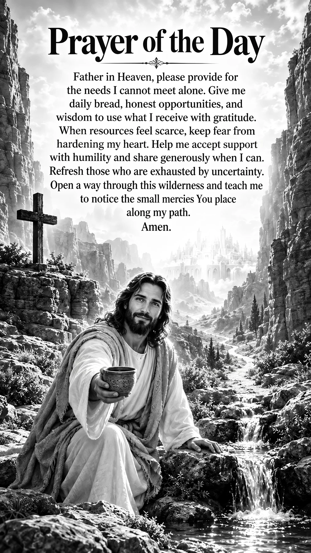 Jesus Christ praying for guidance in wilderness setting - AI-generated stock image