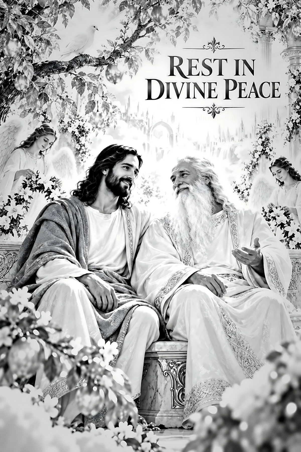 Rest in divine peace with figures in serene setting - AI-generated stock image
