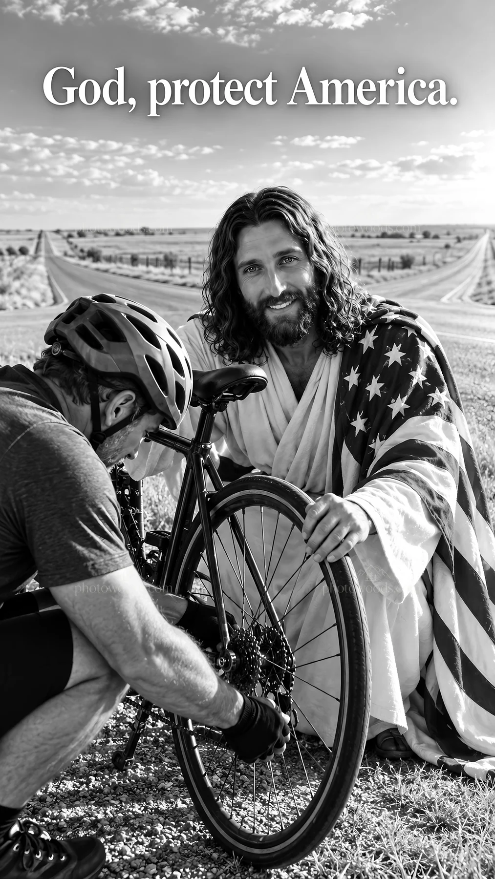Jesus Christ assisting with a bicycle repair - AI-generated stock image