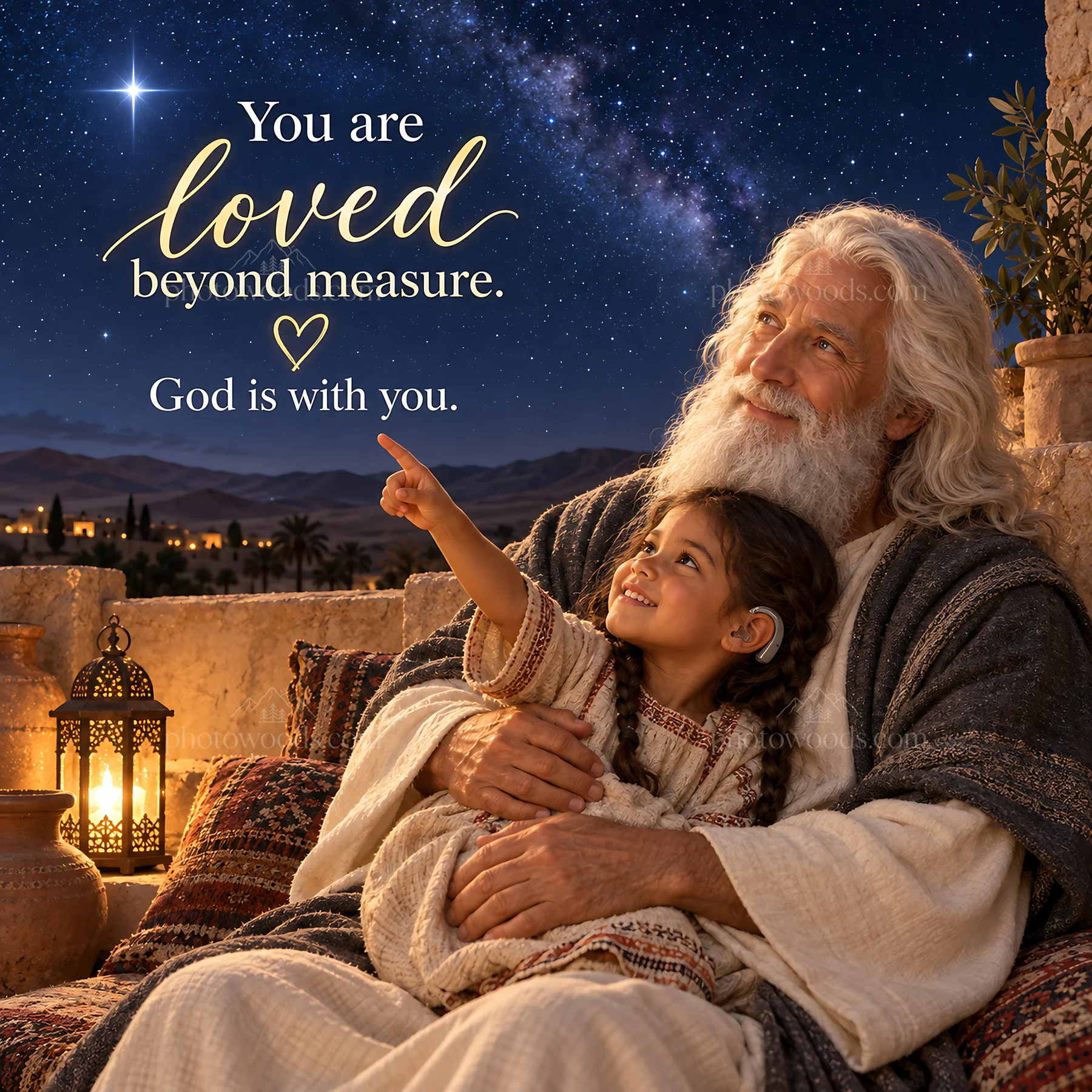 Jesus Christ sharing love and joy with a child - AI-generated stock image