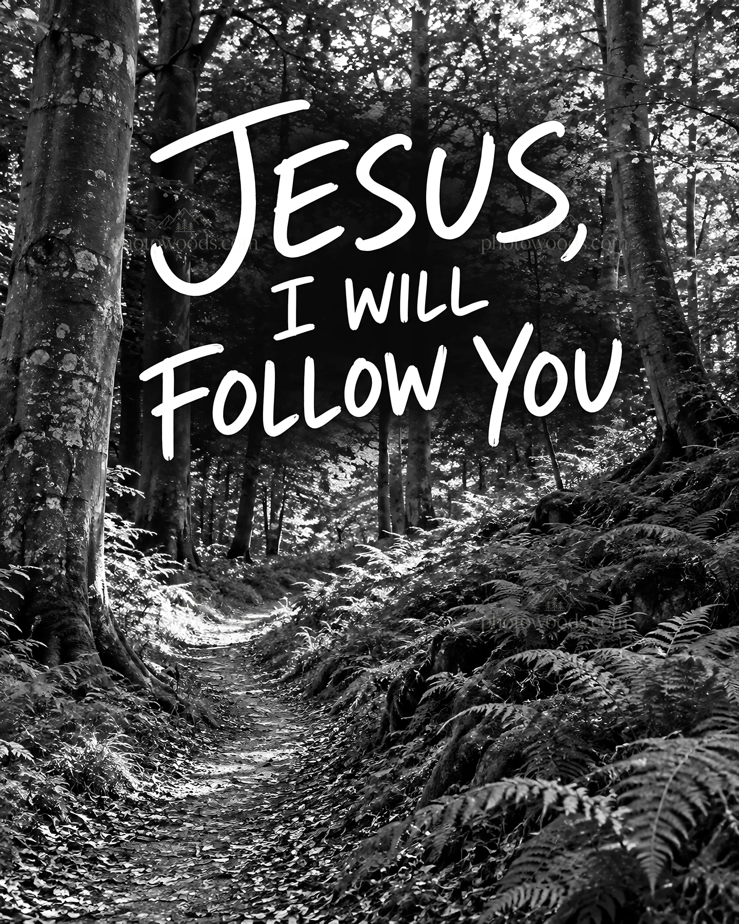 Jesus Christ, I will follow you on a forest path - AI-generated stock image