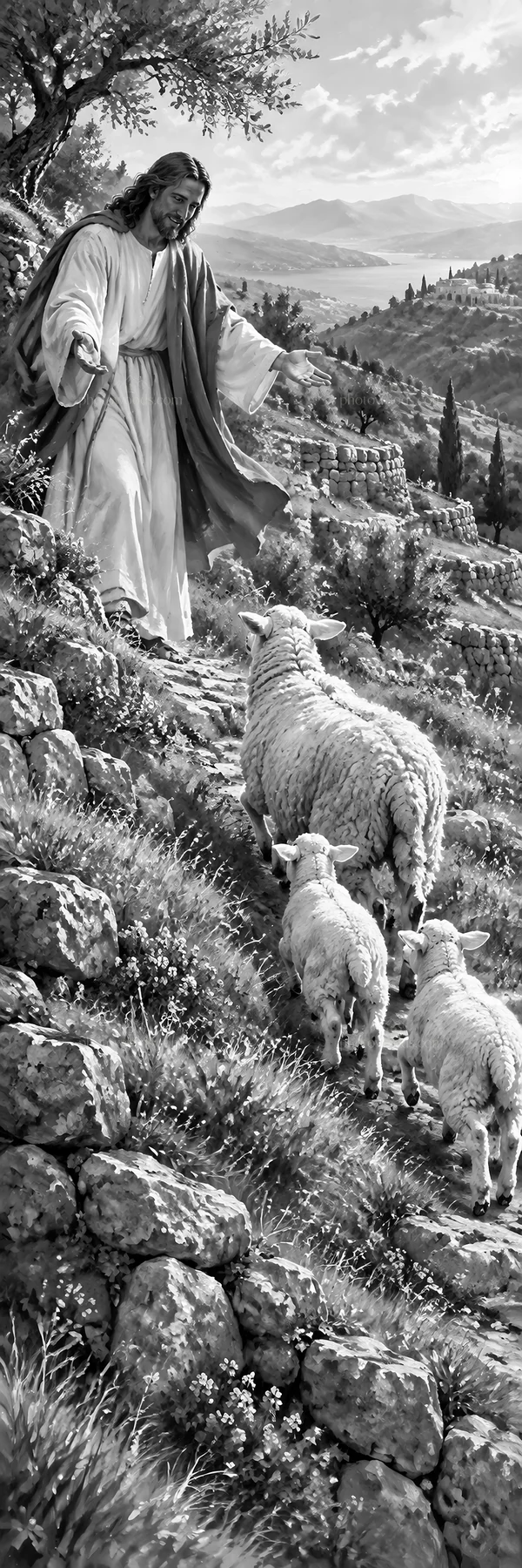 Jesus Christ guiding sheep on a hillside - AI-generated stock image