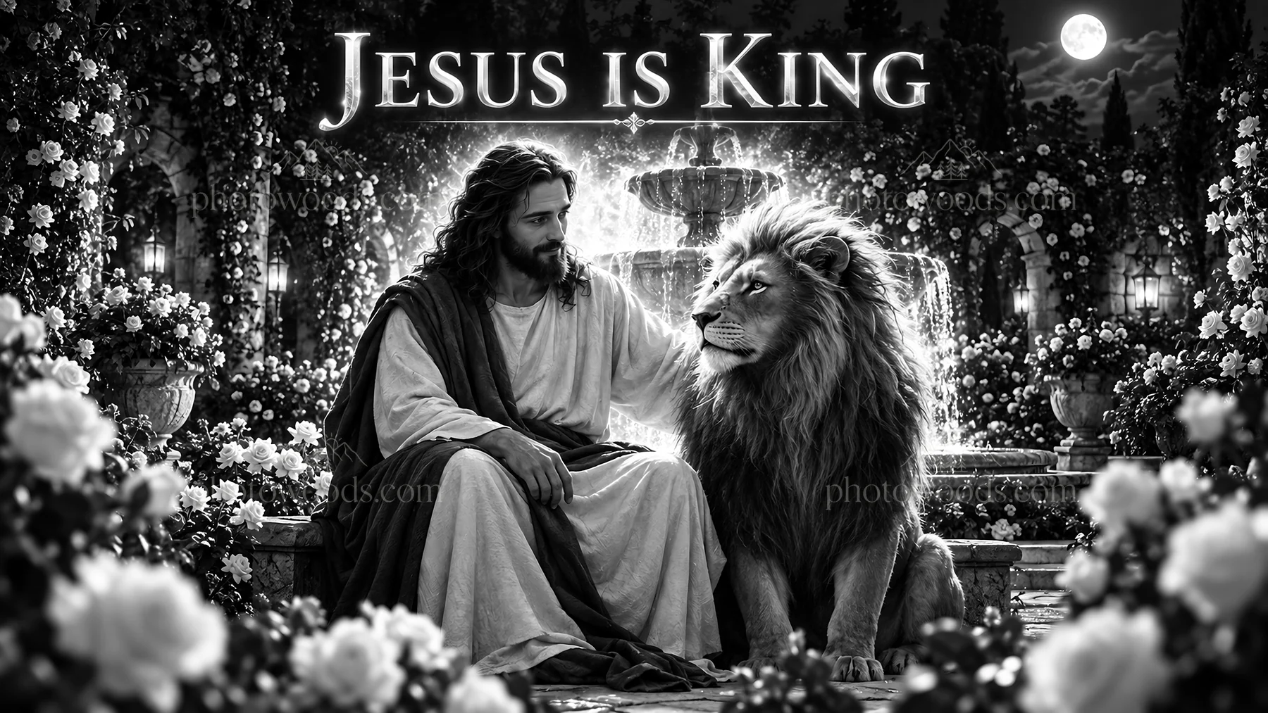 Jesus Christ sharing a moment with a lion in a garden setting - AI-generated stock image
